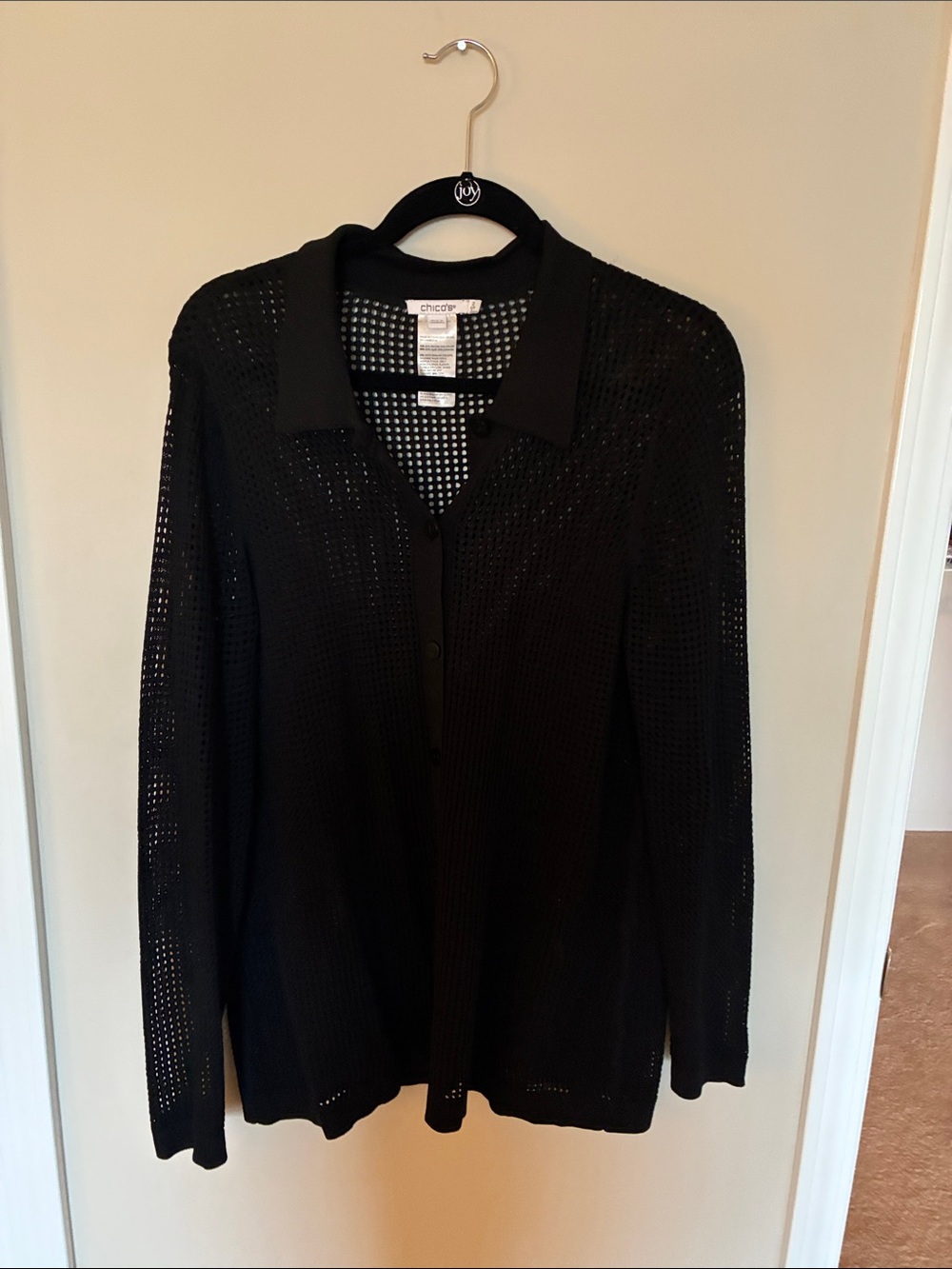 Chico's Black Open-Weave Polo Cardigan